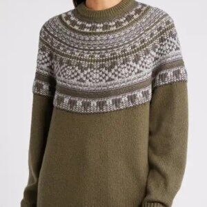 TREASURE & BOND FAIR ISLE CHUNKY SWEATER KALAMATA OLIVE GREY OVERSIZED XS